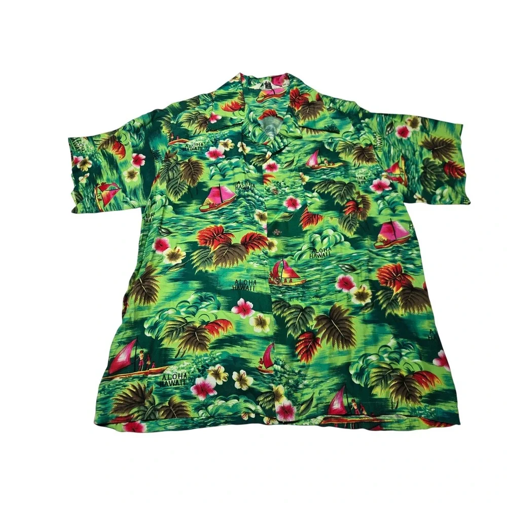 Vintage 70s Hawaiian Shirt Mens Large Green Tropical‎ Sailboat Rayon Japan